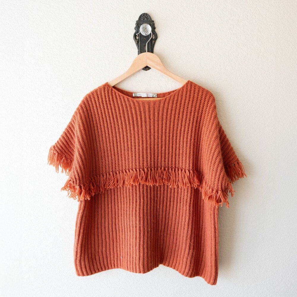 Chelsea & Violet Fringe Sweater Size Large Rust Orange Wool Blend Pullover Fall - Picture 2 of 8